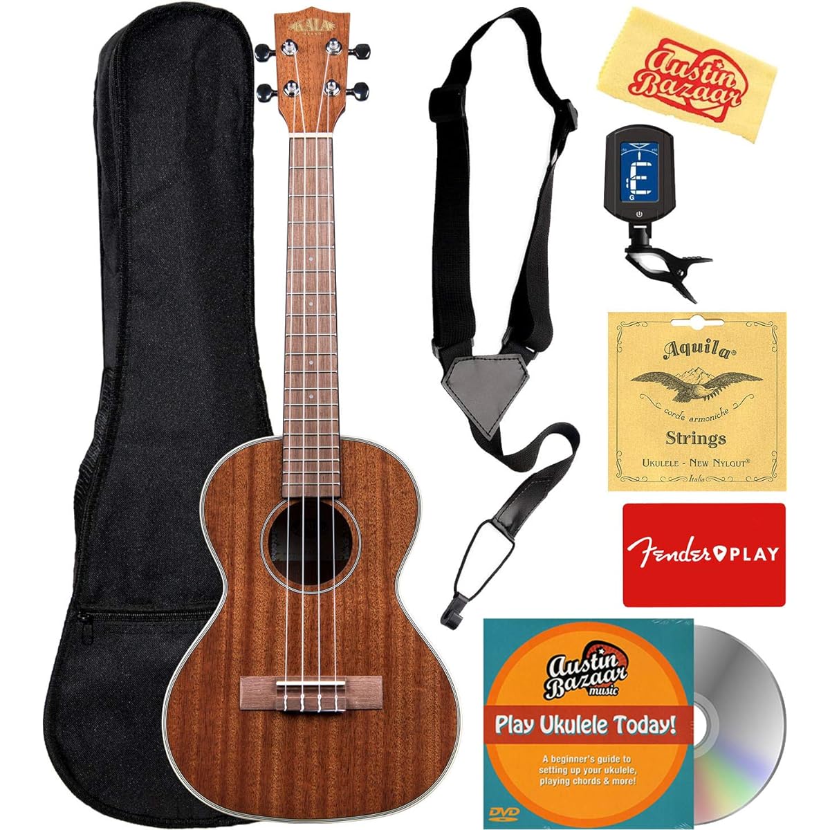 Kala KA-TG Gloss Mahogany Tenor Ukulele Bundle Gig Bag Tuner Strap String Fender Play Online Lesson Austin Bazaar Instruction DVD with Polishing Cloth