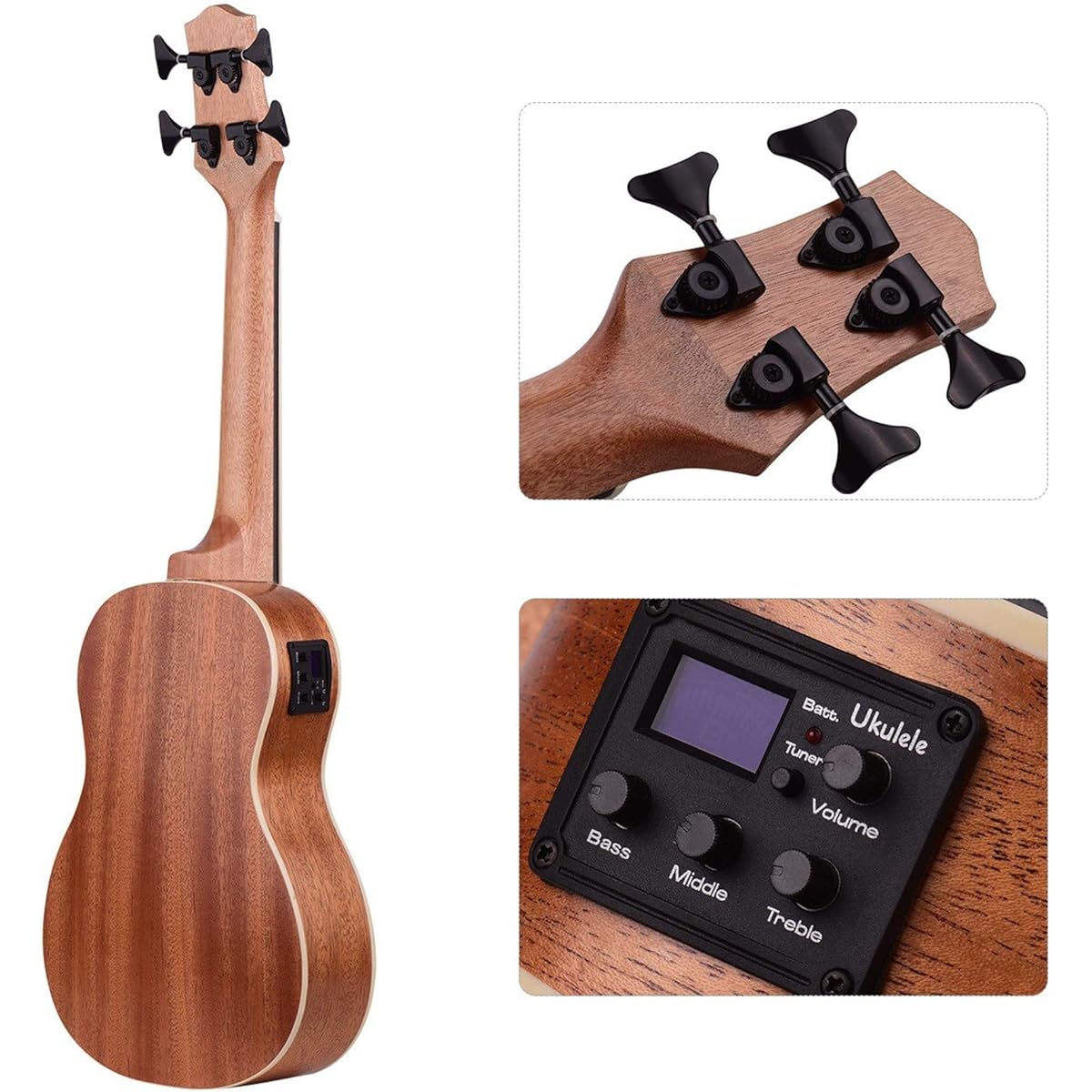 Ukulele 30 inch Electric Bass Ukulele Ukulele Uke Sapele Plywood Body Padauk Fretboard Rubber Strings Built-in Tuner EQ Fashion Clear Line Ukulele