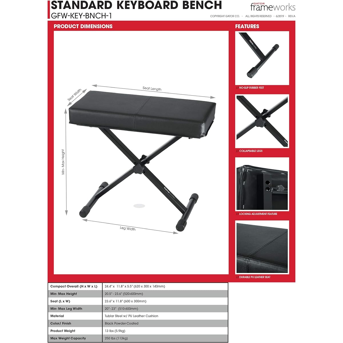 GATOR Frameworks Keyboard Chair Standard Black Keyboard Bench Folding Chair GFW-KEY-BNCH-1 [Domestic Genuine Product]