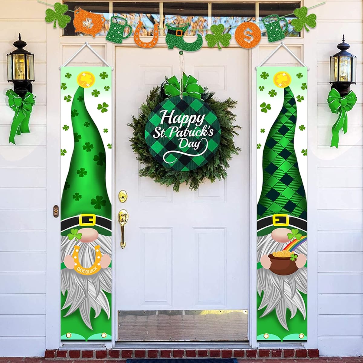St. Patrick's Day Decorations Outdoor 3 Pack Green Gnome Welcome Banner Porch Sign with Glitter Garland Banner Irish Shamrock St. Patrick's Day Decor for Home Party Door Tree Classroom Office