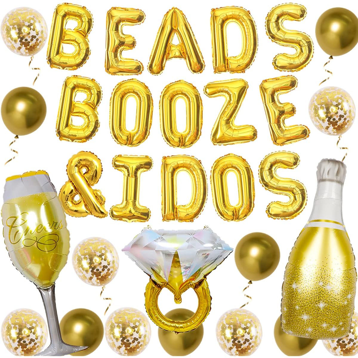 Mardi Gras Bachelorette Party Decorations Gold - Beaded Boos and I Dos Balloon Banner, Nola Bachelorette Bridal Shower, Engagement Hend Party, Ring, Champagne Bottle, Glass Goblet Foil Balloons