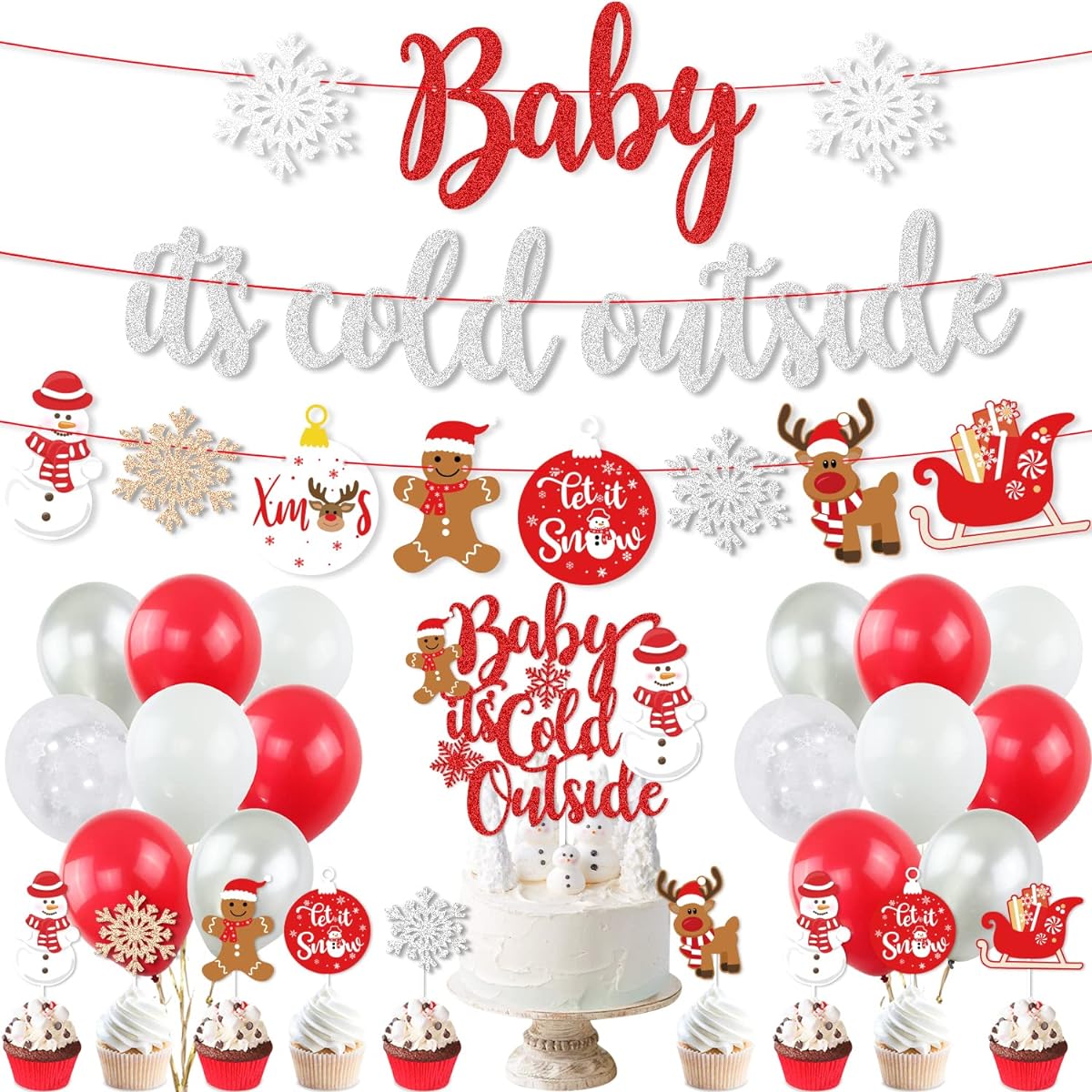 K KUMEED Christmas Party Decorations, Baby it's Cold Outside Banner Gingerbread Man Snowflake Snowman Reindeer Cake Topper Latex Balloon Red Kit Christmas Winter Party Supplies