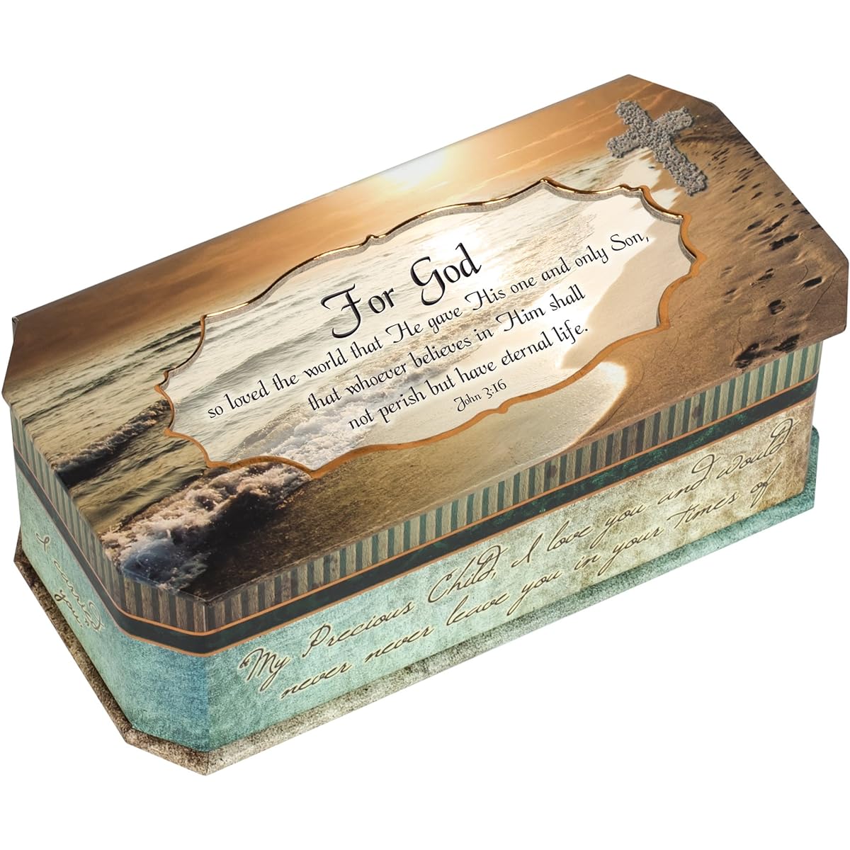 John 3:16 For God So Loved The World Footprints in the Sand Belle Papier Design Jewelry Music Musical Box Plays Song Amazing Grace