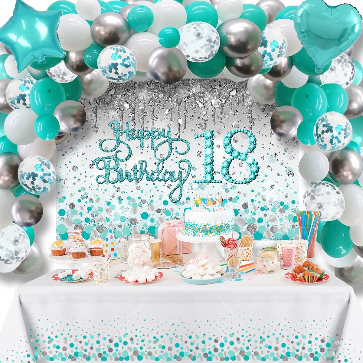 Teal Blue Birthday Confetti Balloon Kit, 50 Pieces Teal Birthday Photo Backdrop Banner Package for Boys Girls Men Women Birthday Party Decorations Supplies (Teal Blue and White)