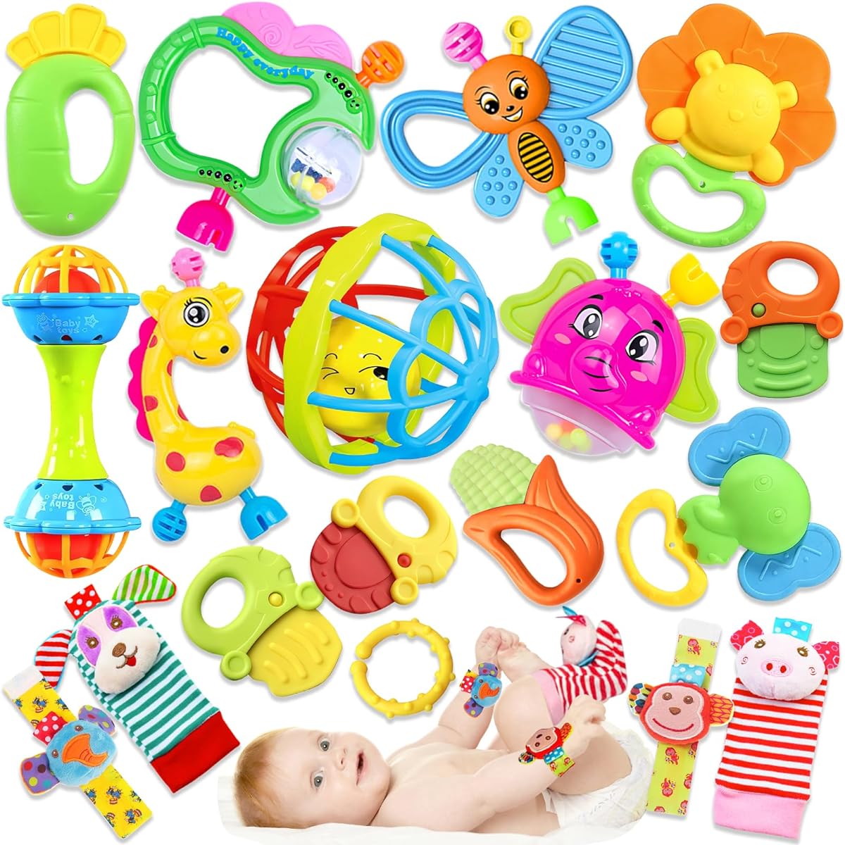 Baby Rattles Toys for 0-6 Months - 14 PCS Infant Toys 0-3 Month Old Baby Boy Girl Gifts Set with Teething and Wrist Socks Rat