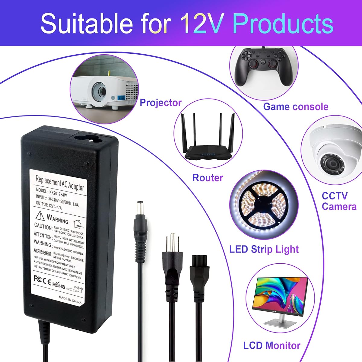 AurGun 12V Power Adapter 7A 84W AC 100V-240V DC 12 Volt 7 Amp Transformer with 5.5x2.1mm Plug Universal Switching Power Adapter for LED Strip Light CCTV Security System