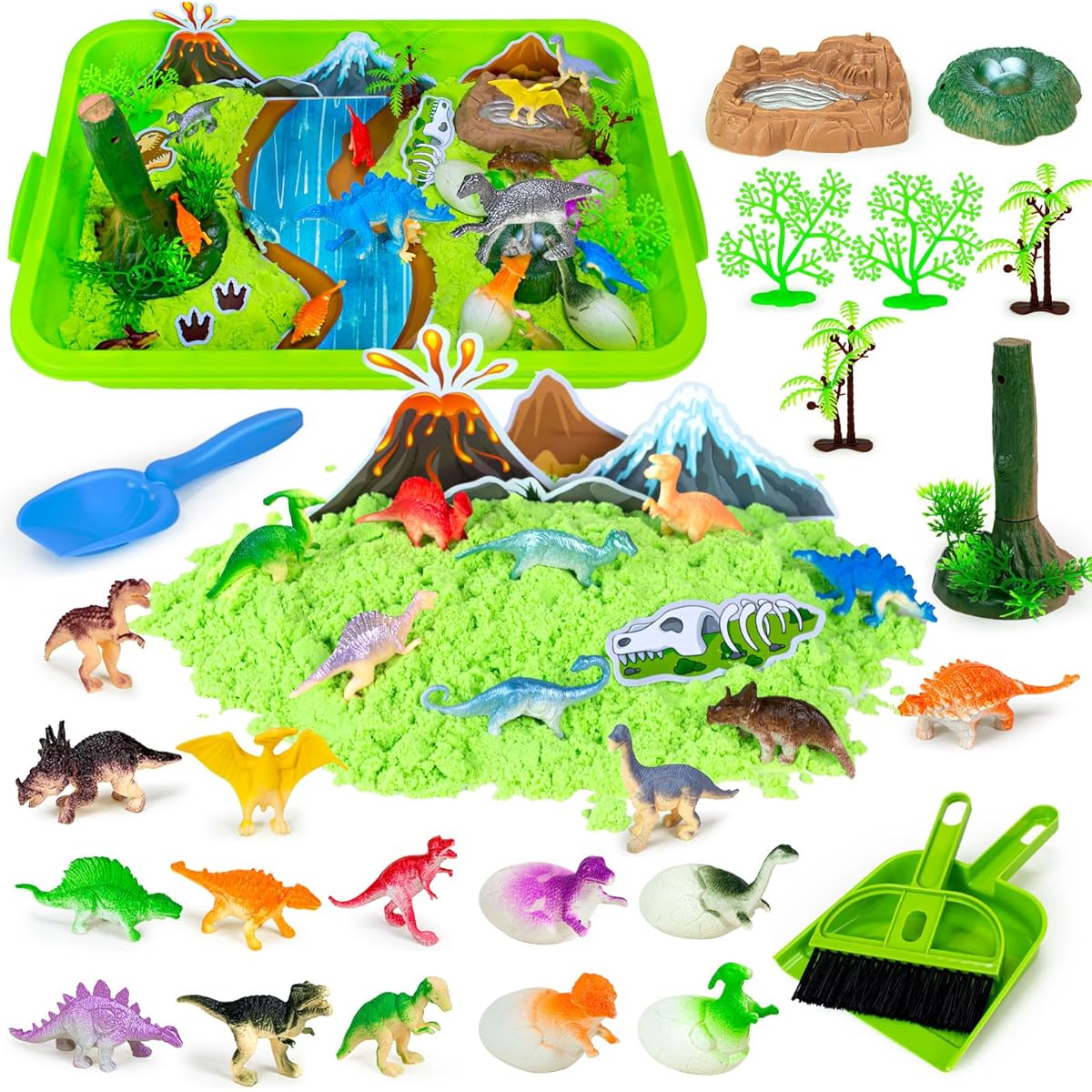 Hymaz Sandbox Playset - Dinosaur Park Playset, Sensory Toy for Kids Ages 3+, Sandbox with Lid, Sand Castle Molds & Cake Tools, Gift for Boys and Girls Ages 3-4-8