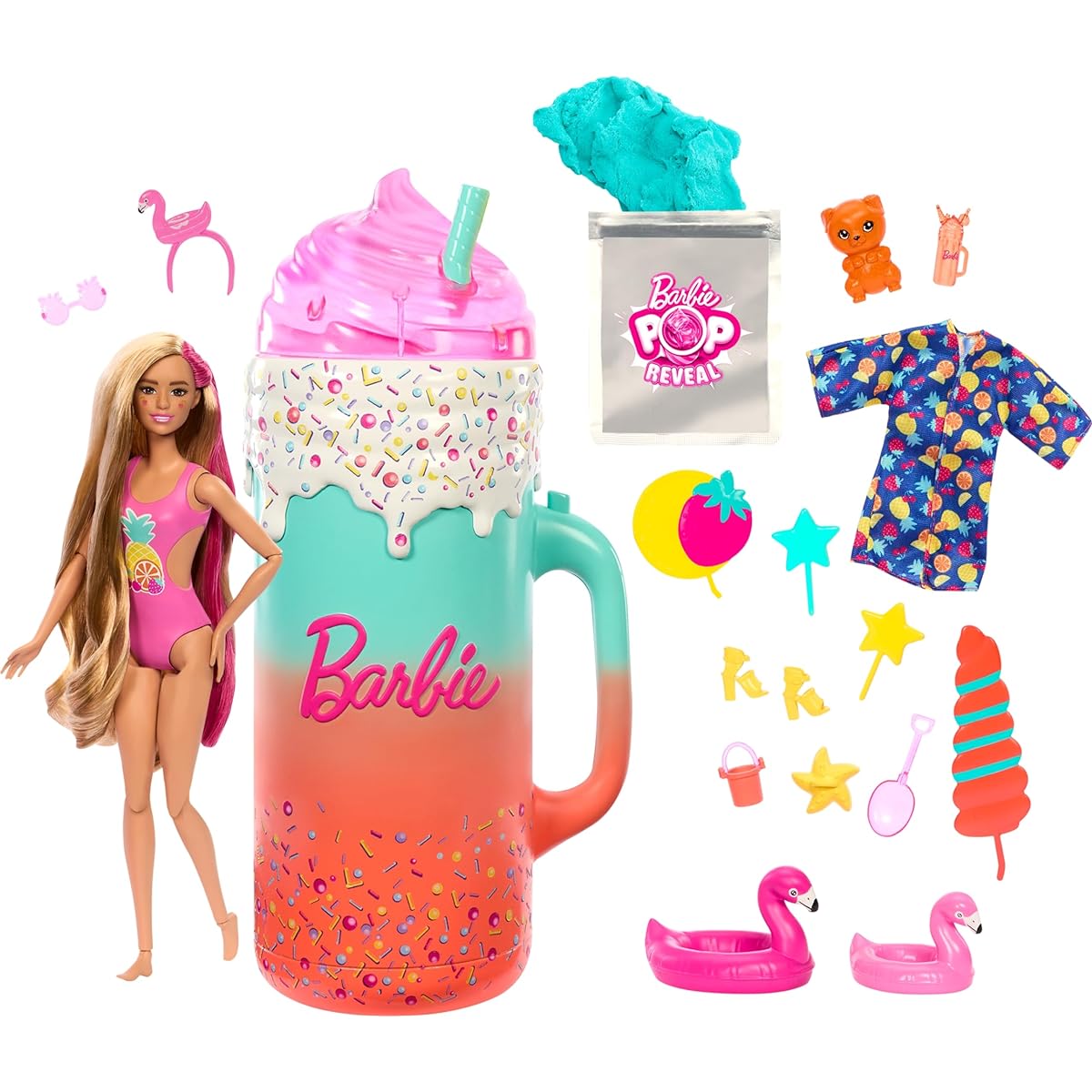 Barbie Pop Reveal Dolls & Accessories Rise & Surprise Fruit Series Gift Set with Scented Dolls, Squishy Toys, Scented Pets, Color Changing, Moldable Sand and More - 15+ Surprises