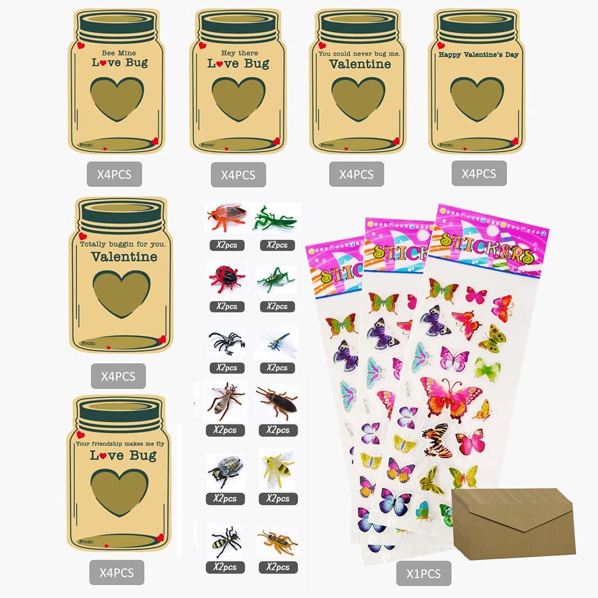 Valentine's Day Cards for Kids - 24 Pack Love Bug Cards Bulk with 12 Different Valentine Bug Toys - 3 Pages of Cute Butterfly Stickers - 24 Envelopes Class Party Favors Exchange Bulk for Girls Boys School Classroom Supplies