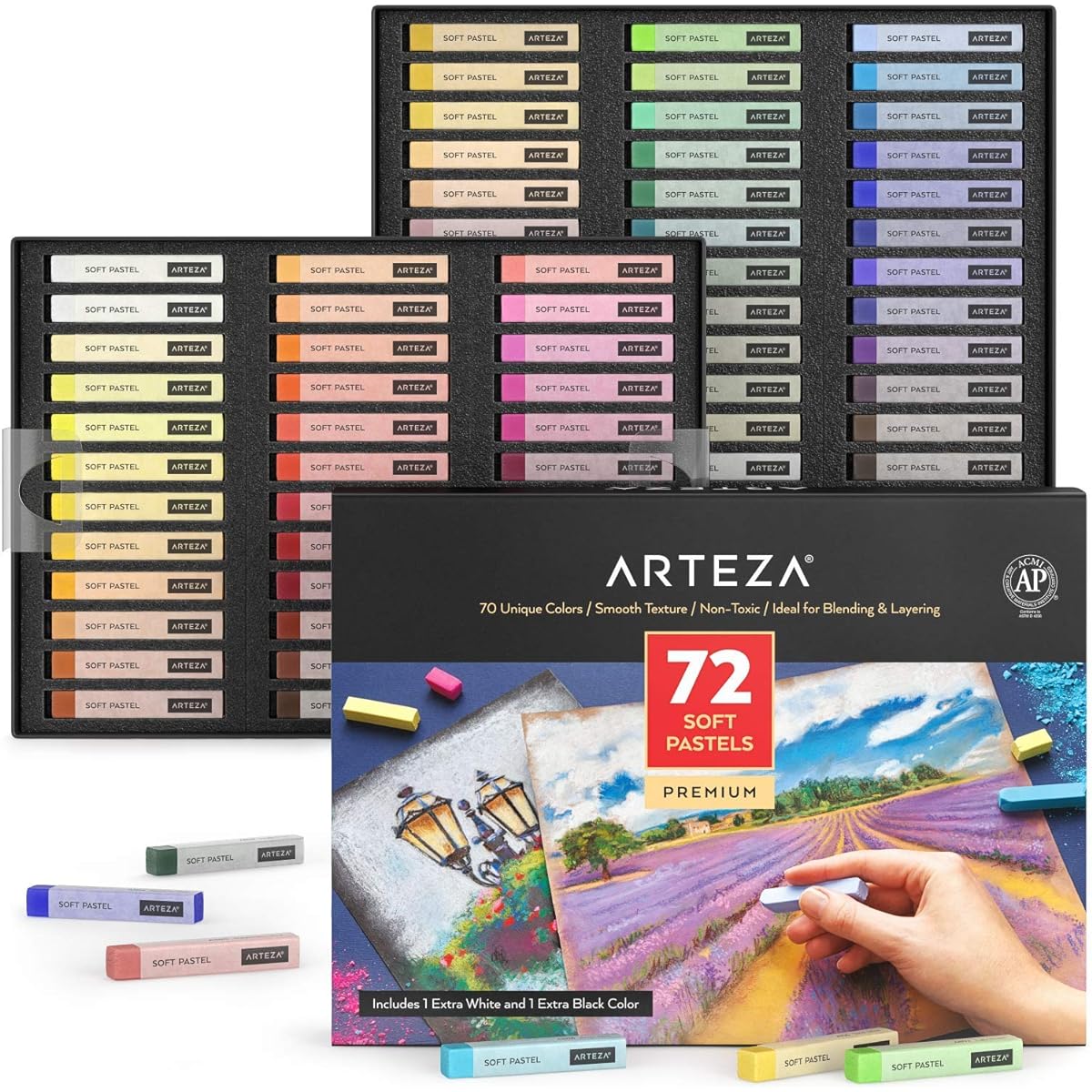 Arteza Soft Pastels for Artists - 72 Piece Art Chalk Sticks - Bright, Vibrant, Neutral Pastels for Drawing, Blending, Layering, Shading - Professional Art Supplies for Artists