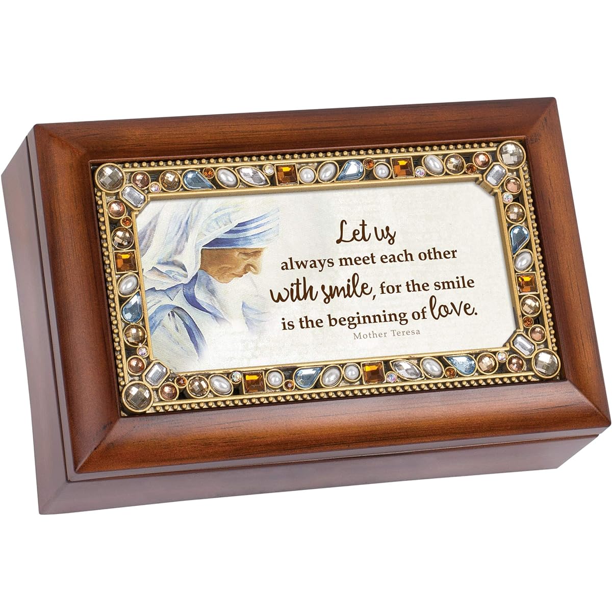 Smiling Love Saint Mother Teresa Wood Finish Petite Jeweled Music Box Plays Amazing Grace