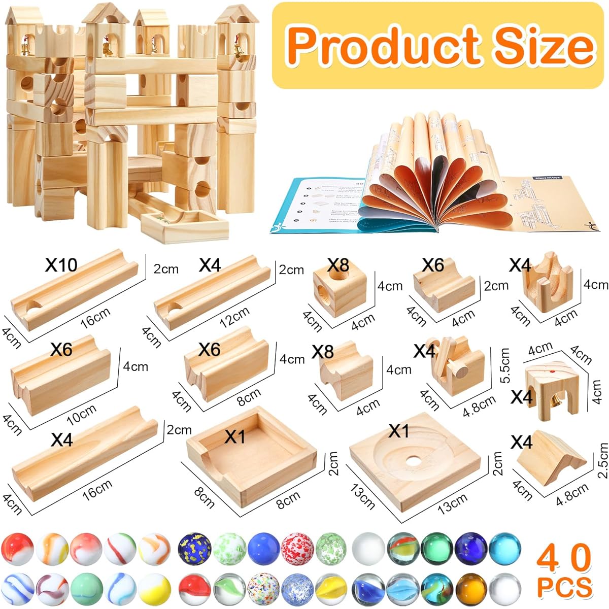 Gemscream Wooden Marble Run for Kids Ages 4-8, 120 Piece Wooden Building Blocks and Construction Play and Glass Marbles Set, Marble Track, Maze Game, STEM Learning Toy, Great Gift for Boys/Girls
