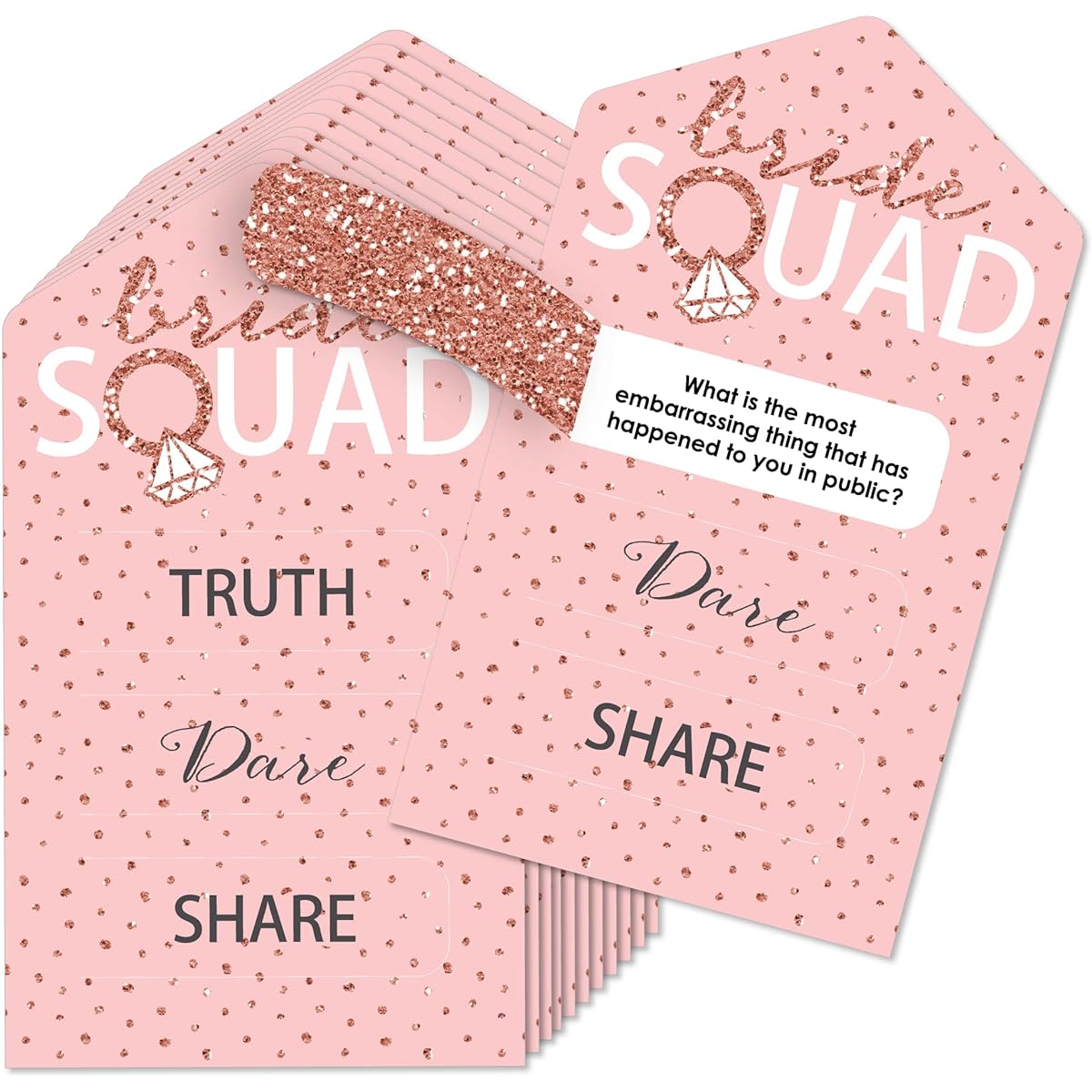 Big Dot of Happiness Bride Squad - Rose Gold Bridal Shower or Bachelorette Party Game Pickle Cards - Truth, Brave, Share Pull Tabs - Set of 12