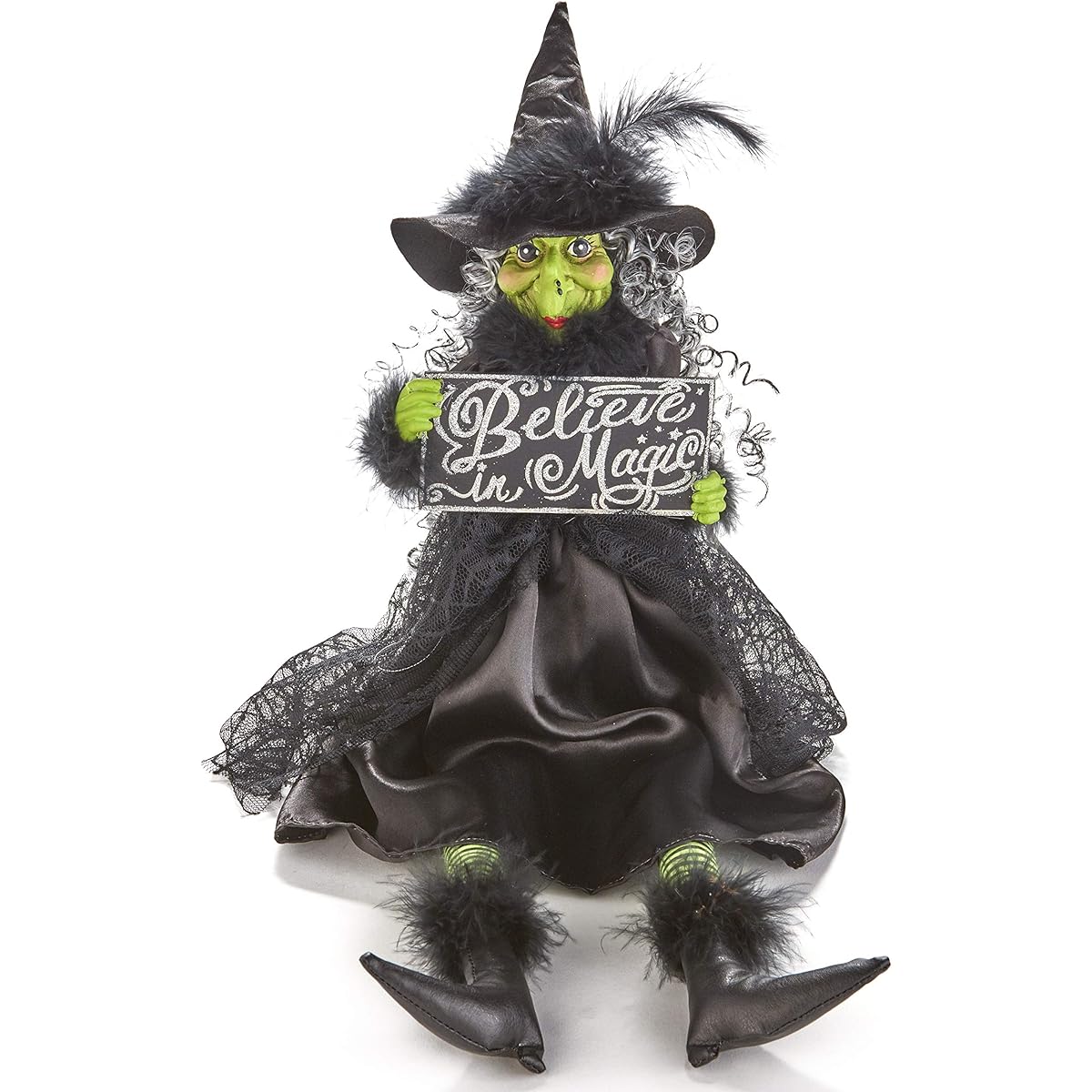 The Lakeside Collection Halloween Witch Shelf Sitter Decoration Holding Believe in Magic Sign