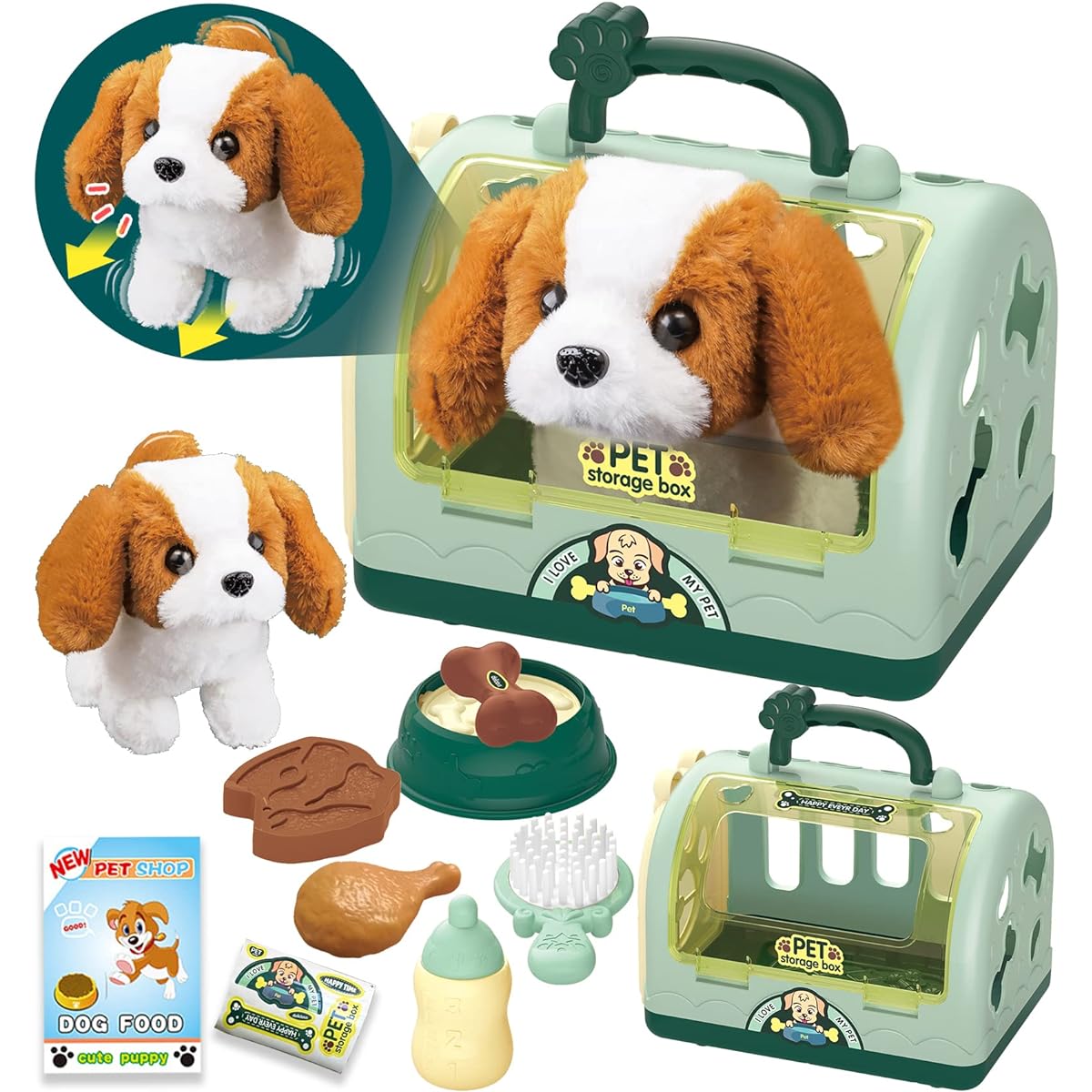 TEUVO Pet Care Bait Set for Kids, 12 Pieces Kids Pretend Play Pet Toys with Stuffed Dog & Carrier Case, Birthday Christmas Role Play Gift for Girls Boys 3 4 5 6 7 Years Old