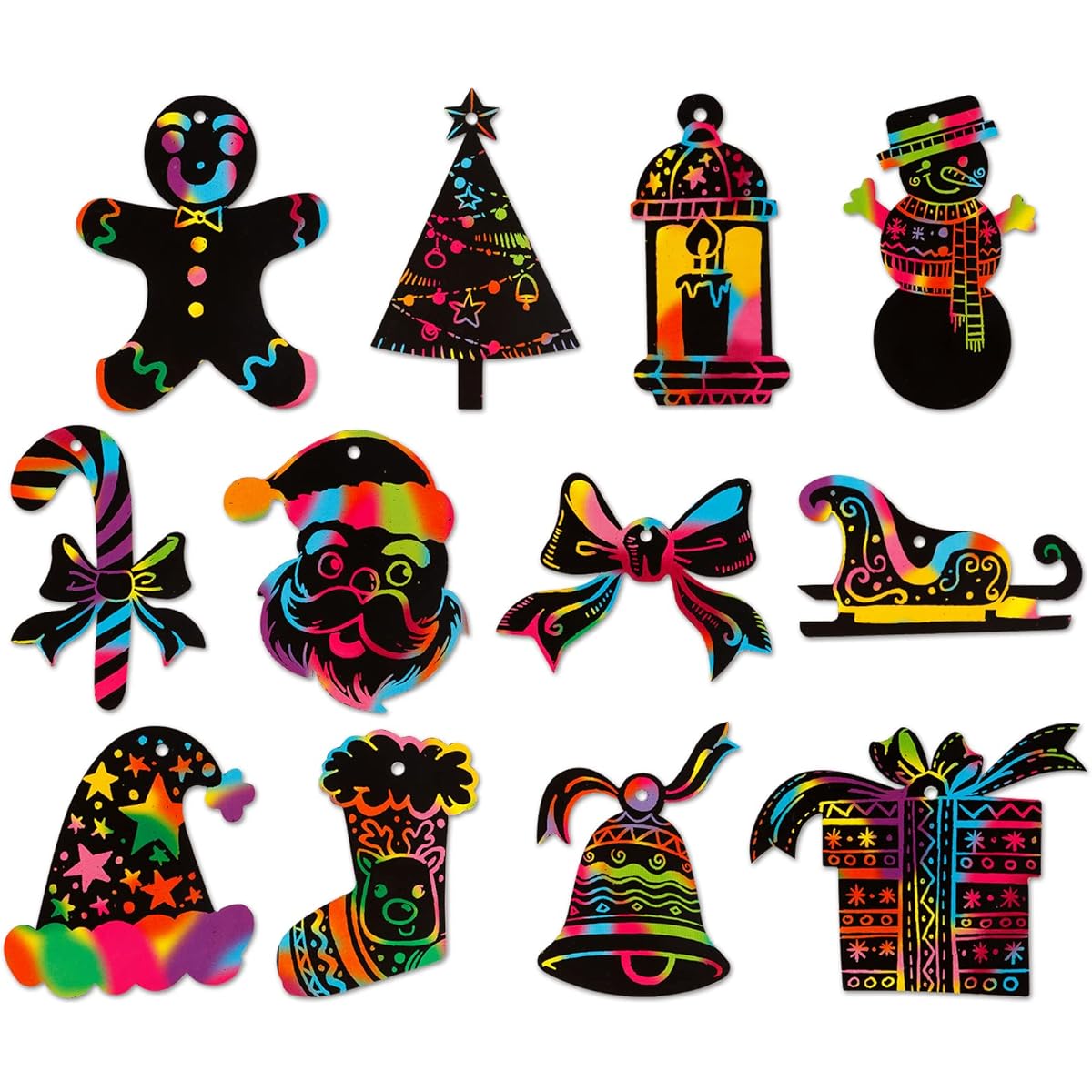 WaaHome 24pcs Rainbow Scratch Christmas Ornaments, Christmas Scratch Art Paper Crafts for Kids, School Classroom DIY Crafts, Christmas Winter Holiday Party Decorations and Giveaways