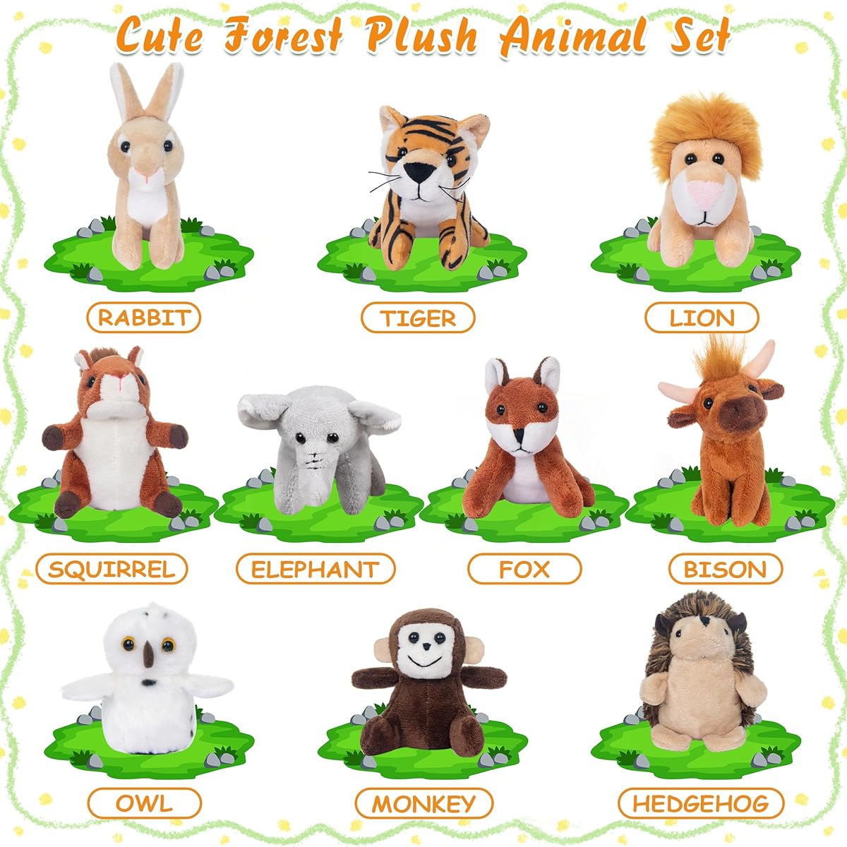 My OLi 10 Pack Plush Wild Animal Toys 3.5" Small Stuffed Animals for Kids Tiger Lion Elephant Monkey Hedgehog Rabbit Squirrel Owl Fox Bison