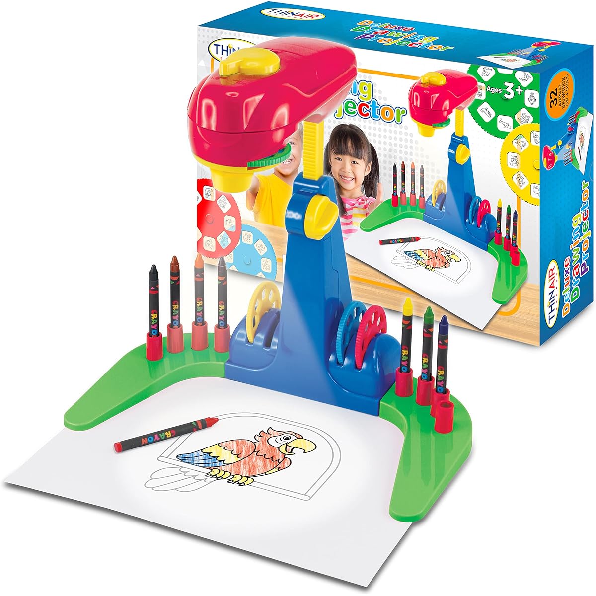 Ben Franklin Toys Drawing Projector for Kids Ages 3+ | Preschool Tracing Projector Kit Includes 32 Animal Pictures on 4 Sturdy Discs, 8 Crayons, and 1 Drawing Paper for Fun Play-Based Learning | Blue