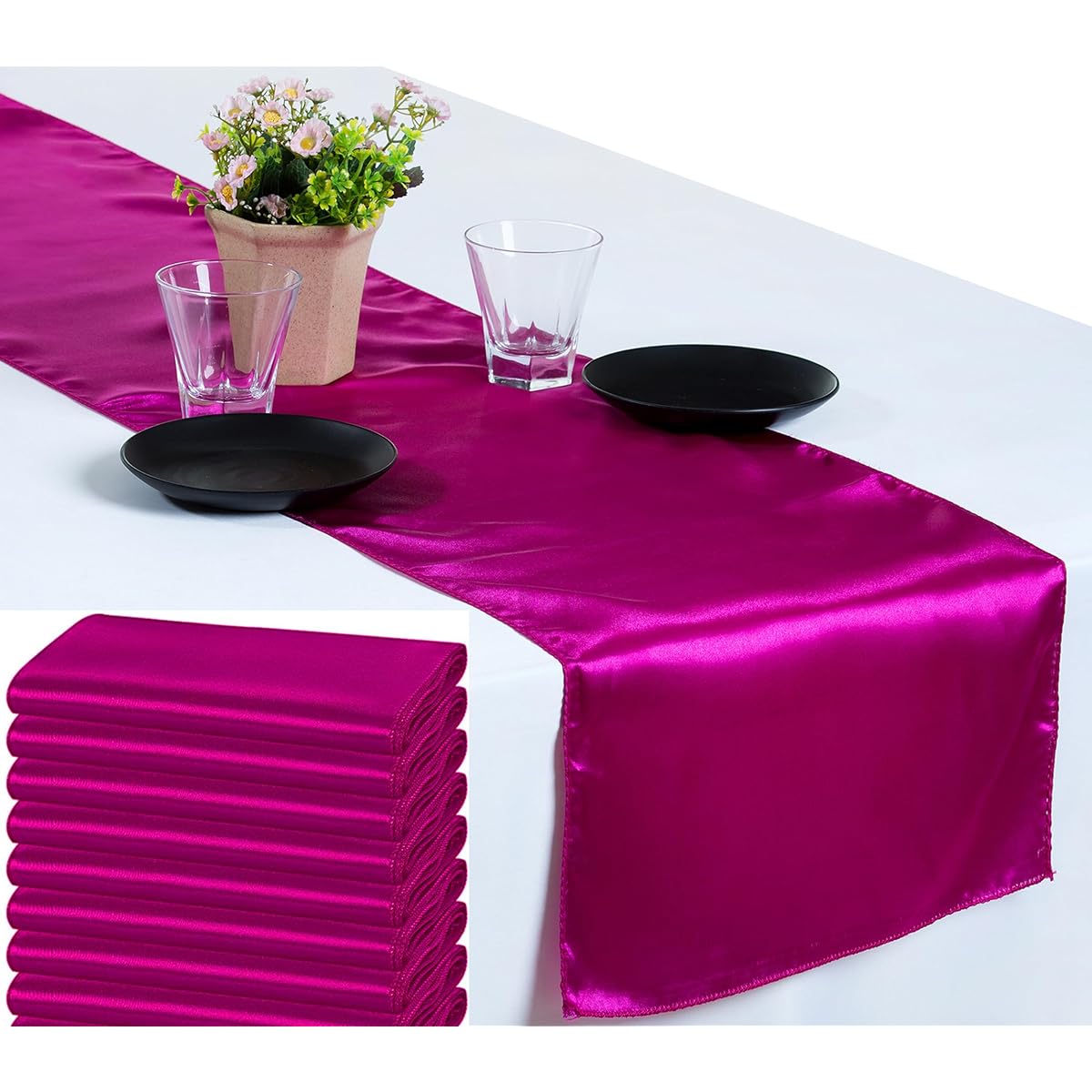MDS Satin Table Runner for Wedding 12 x 108 Inch Set of 10 for Wedding/Birthday Party/Banquet/Graduation/Engagement/Runner Fits Rectangular/Round Tables Magenat Violate