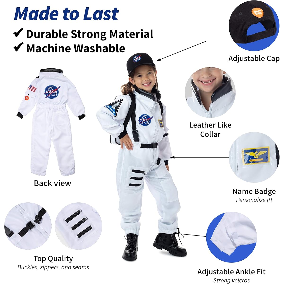 Born Toys Astronaut Costume for Kids Ages 3-7 Washable Toddler Dress Up Play