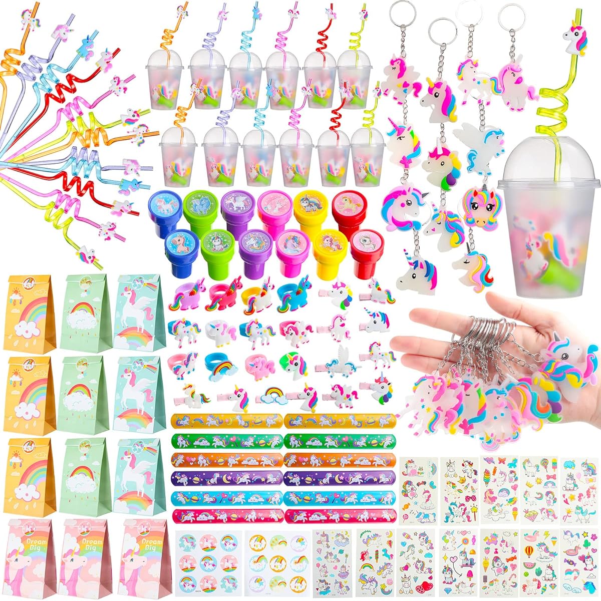 Unicorn Party Favors 120 Pieces Unicorn Slap Bracelet Ring Keychain Tattoo Hair Clip Stamper Straw with Dome Lid Gift Bag Rainbow Unicorn Gift Toy Goodie Bag Filler