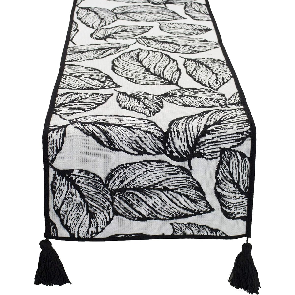 Fennco Styles Black and White Leaf Woven Table Runner - 14" x 71" Reversible Runner Table Centerpiece Dining Home Decor Indoor Parties Holiday Events Tassel Table Runner