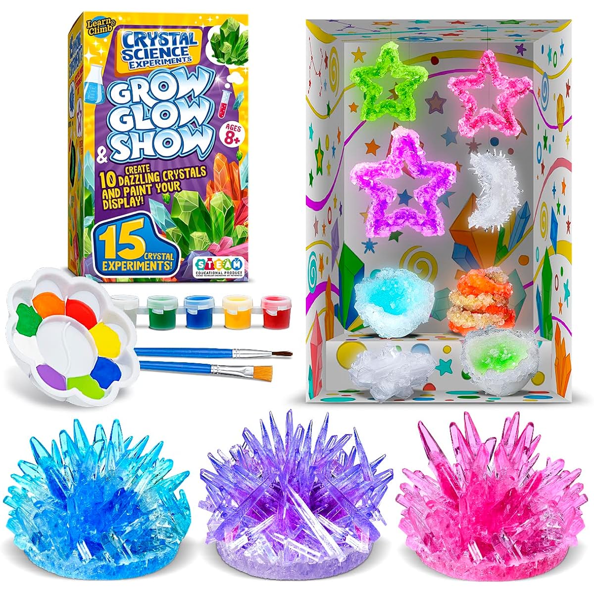 Crystal Growing Kit for Kids - 10 Crystals Science Experiment Kit + 2 Glow in the Dark Crystals with DIY Painting Display Stand - Perfect Gift for Girls and Boys Ages 6-12