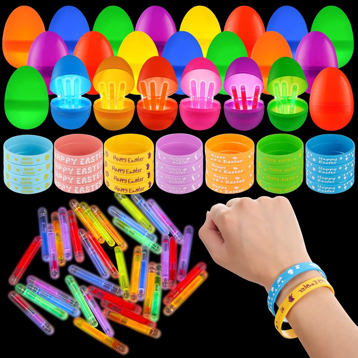 Mikulala Easter Basket Stuffers, 140 Pieces, 84 Mini Glow Sticks, 28 Plastic Easter Eggs, Includes 28 Bulk Bracelets for Kids, Glow in the Dark Easter Egg Hunt Supplies, Easter Gifts for Kids, Party Favors