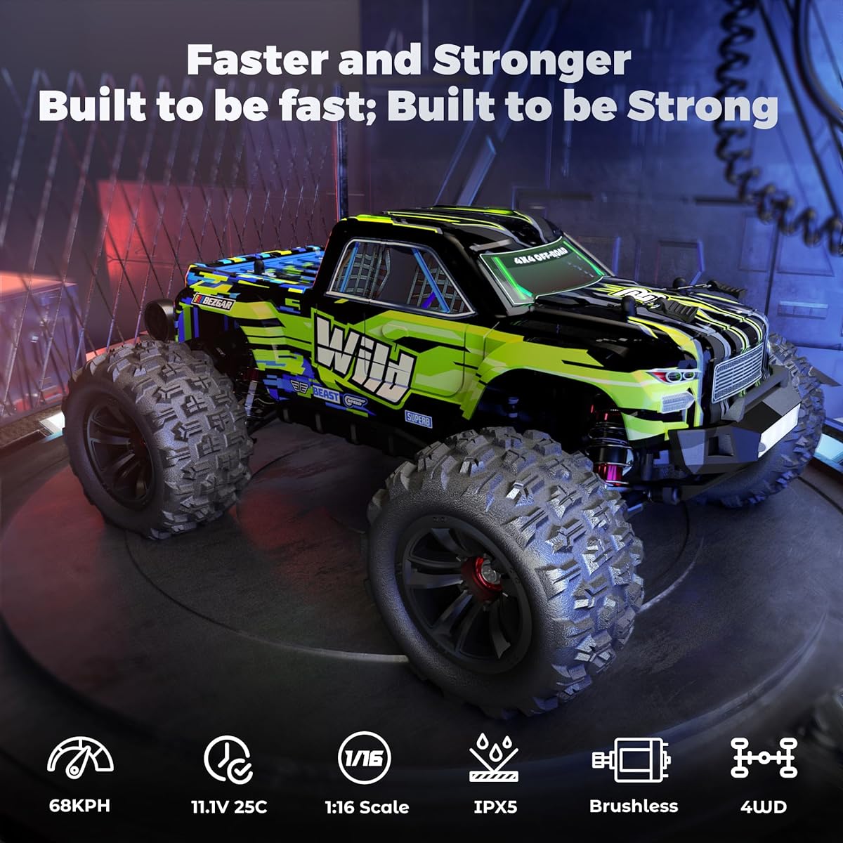 BEZGAR HP161S 1:16 4X4 RTR Brushless High Speed RC Car for Adults - High Speed Up to 68kph Off-Road Brushless RC Truck Electric Hobby Grade RC Monster Truck with 3S Battery Gifts for Boys Age 8-12 Adults