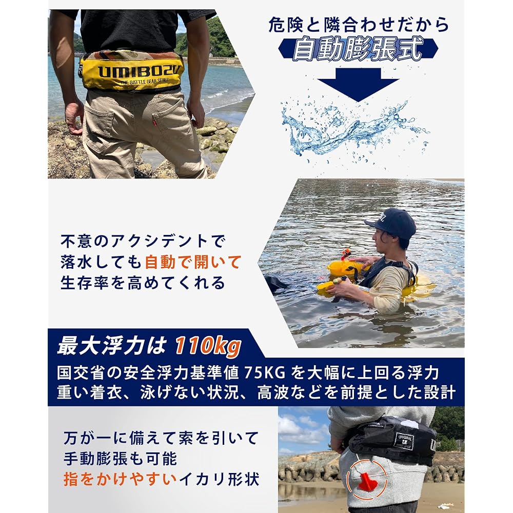 Umibozu Automatic Inflatable Life Jacket, Life Jacket, Fishing, Adult Waist Wrap, Belt Type, Automatic/Manual 2-Way Model