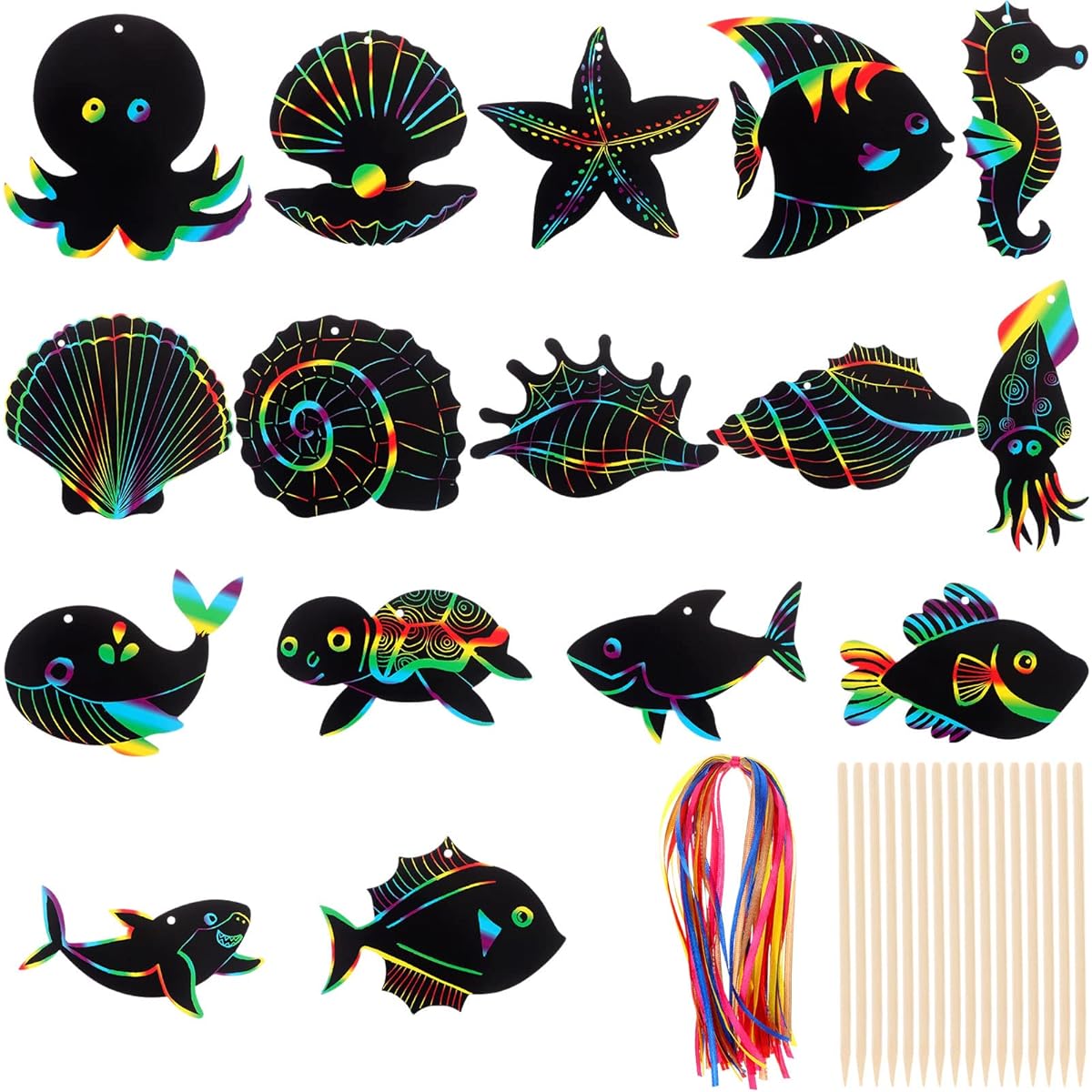 64 Pieces Sea World Theme Scratch Cards Rainbow Color Scratch Craft Art Cards Shell Dolphin Starfish Turtle Scratch Card Art Kit 70 Pieces Wooden Stylus Ribbon for Classroom DIY Art Craft Party Favors