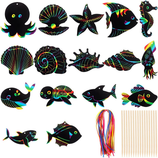 64 Pieces Sea World Theme Scratch Cards Rainbow Color Scratch Craft Art Cards Shell Dolphin Starfish Turtle Scratch Card Art Kit 70 Pieces Wooden Stylus Ribbon for Classroom DIY Art Craft Party Favors