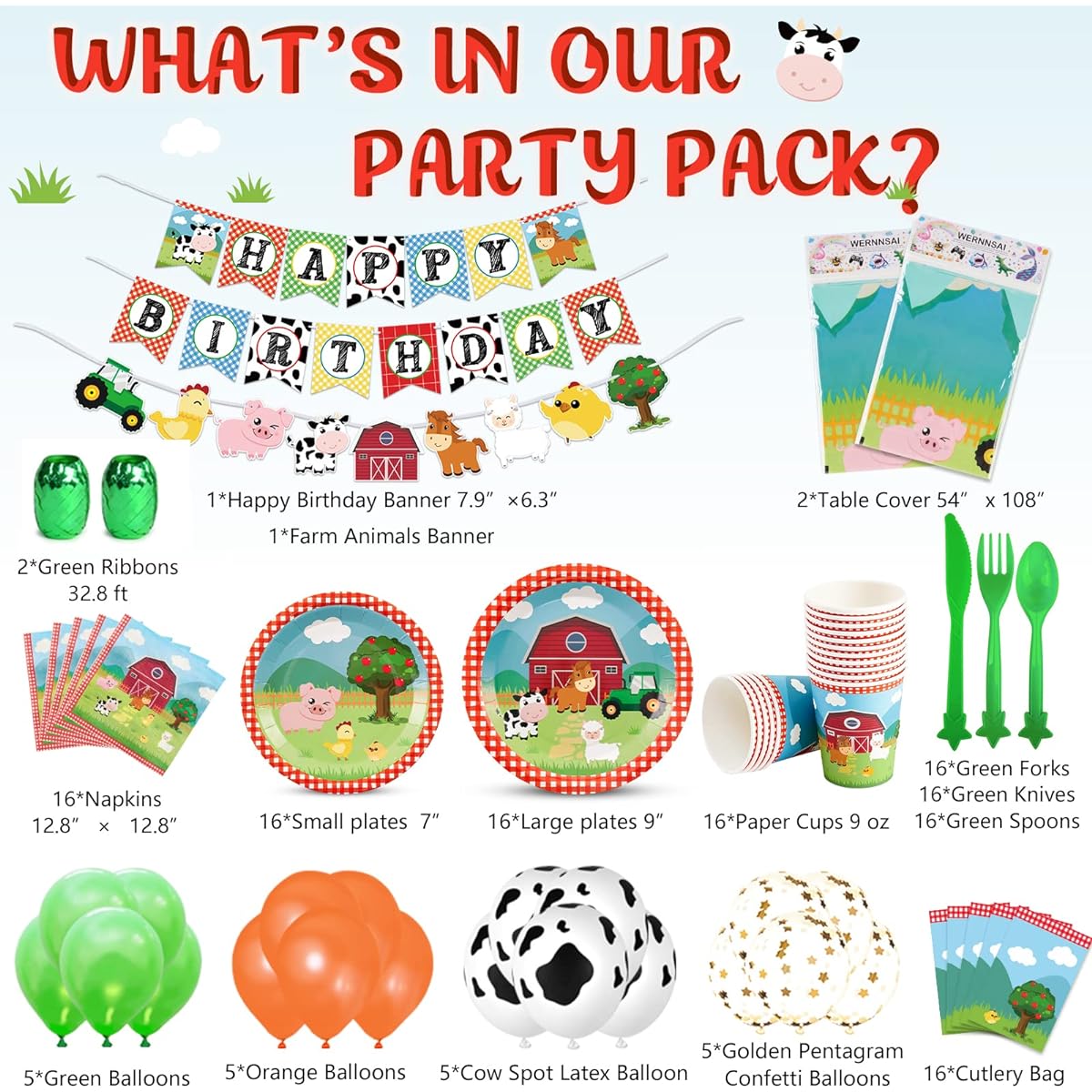 WERNNSAI Farm Birthday Party Supplies - 153Pcs Barnyard Animals Party Decorations for Kids, Birthday Banner, Balloons, Tablecloth, Plates, Cups, Napkins, Spoons, Forks, Cutlery, Tableware, Serves 16 Guests