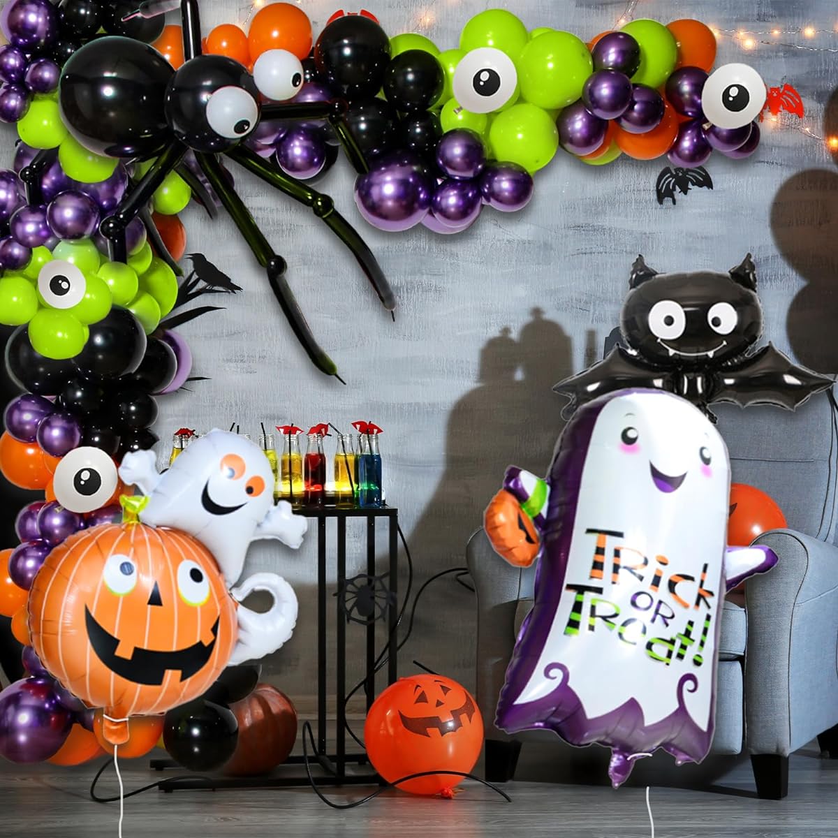 Halloween Balloon Arch Kit Ghost Foil Balloon Large Black Bat Balloon Pumpkin Balloon Spider Balloon Black Orange Green Purple Balloon Halloween Balloon Garland Halloween Party Supplies Decorations