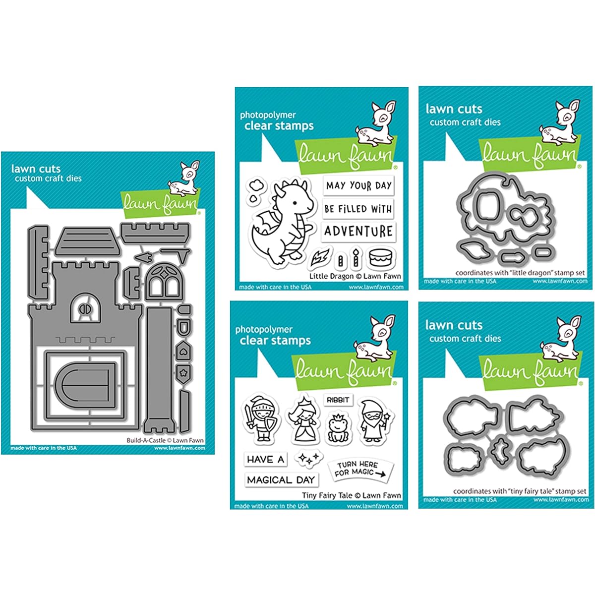 Lawn Fawn Build a Castle Interactive Dies and Little Dragon 2"x3" Stamps and Dies and Little Fairy Tale 2"x3" Stamps and Dies, 5 Item Bundle (LF2347, LF2323232324, LF2325, LF2326)