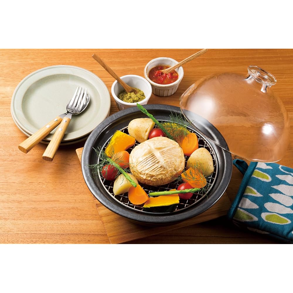 Adelia Earthen pot Mankoyaki Smoking pot Glass dome cooker with recipe [Diameter 22.3 x Height 7.2cm/Microwave/Open flame compatible] F-71715