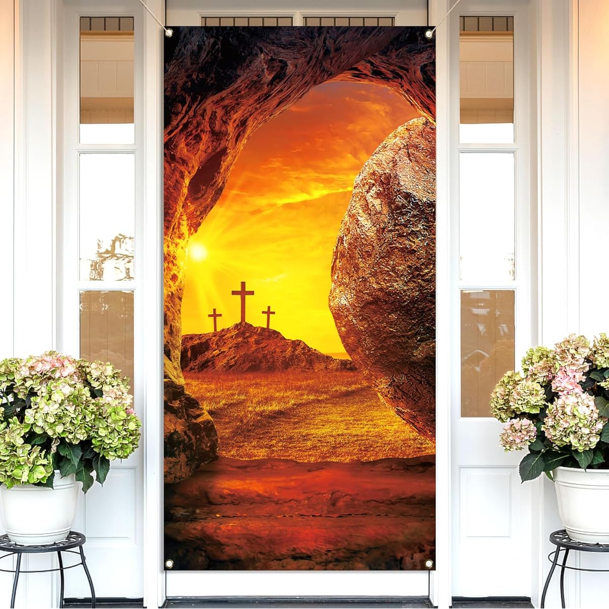 Vohado He is Risen Door Cover Christian Cross Holy Week Resurrection Easter Decor Home Church Entrance Door Hanging Banner