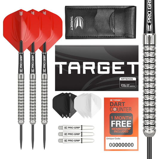 Target Darts Artemis 21G Tungsten Steel Tip Darts Set - 6 Pro Grip Shafts - 9 Pro Ultra Flights - Dart Wallet - Dart Counter App Coupon Bundle