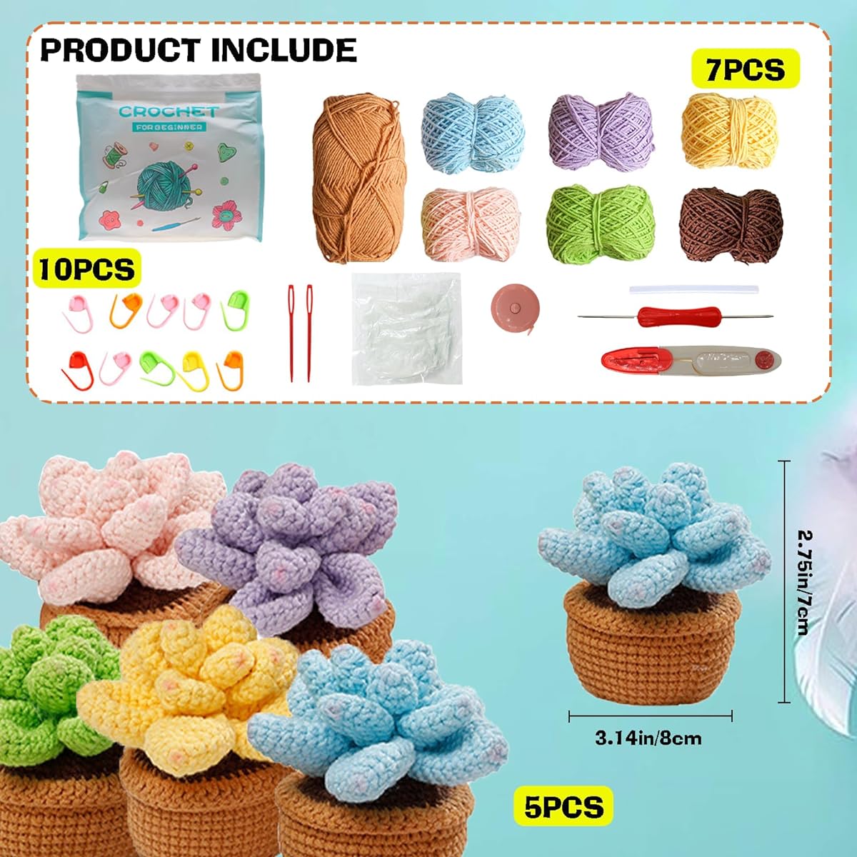 Foeipy Crochet Kit Crochet Plants Handmade Artificial Plants Crochet Succulents Knit Learning Kit for Adults Beginners Bedroom Decoration Gift for Family and Friends