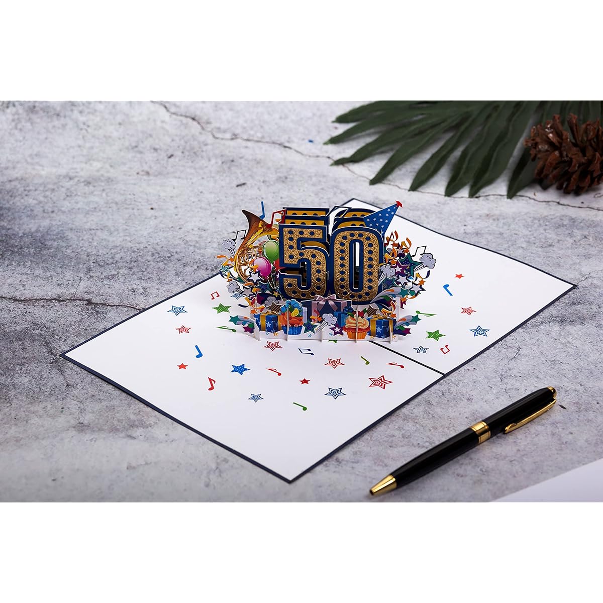 DKT Handmade Happy Birthday Pop-up Card - Pop-up Happy Birthday Card, Happy Birthday Number Age (50~Blue).