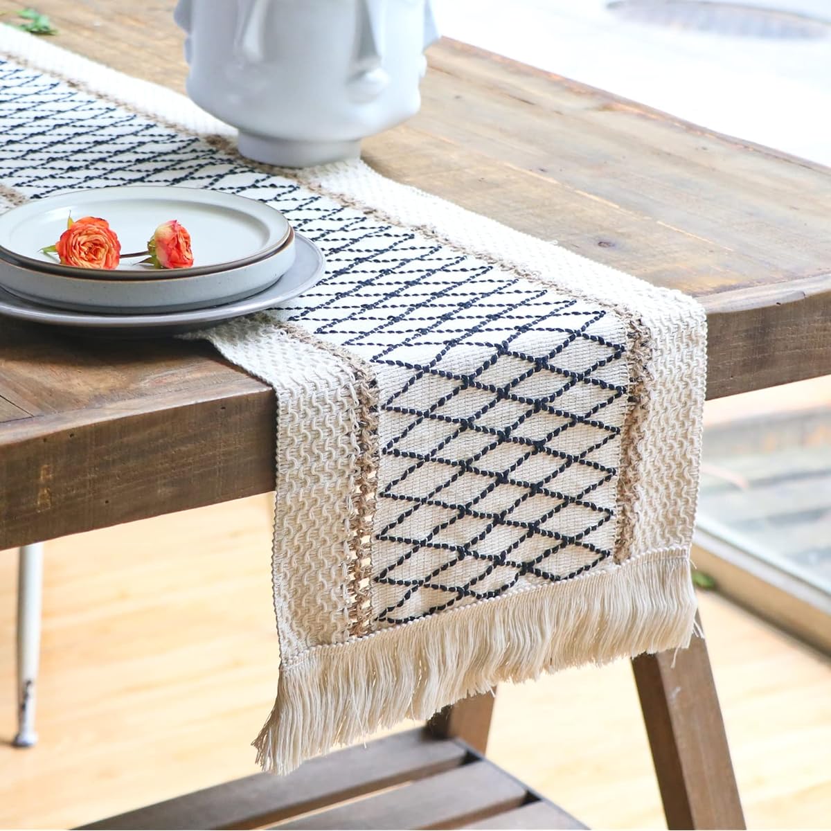 Table Runner 47 Inch Linen Farmhouse Long Table Runner Cream Boho with Tassels for Dining Kitchen Bohemian Wedding Party Dresser Decor Black