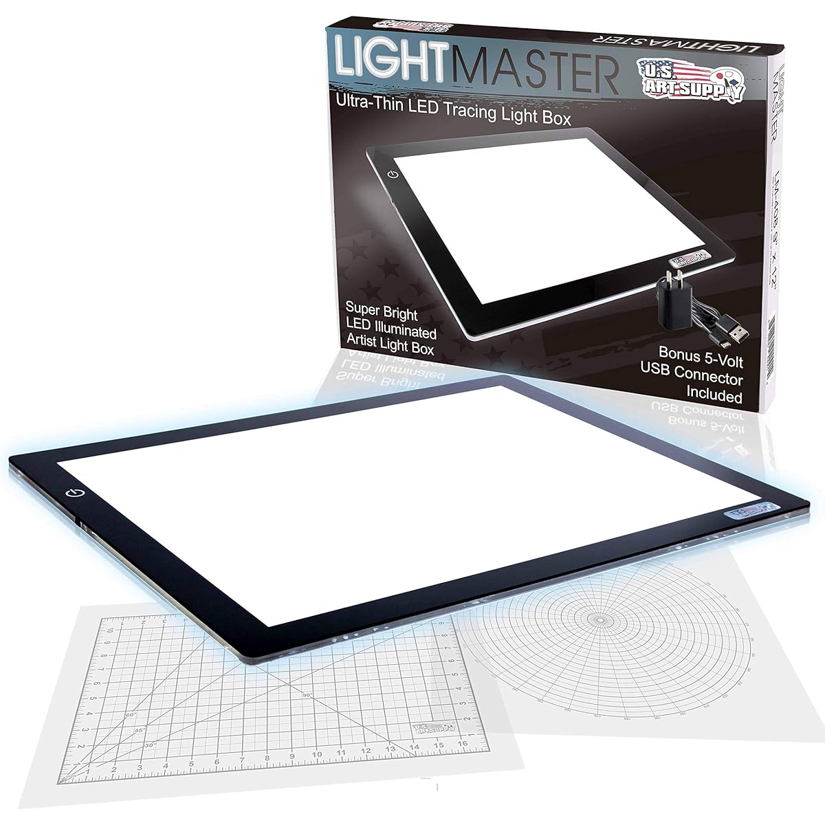 onal (A3) 12x17 LED Lightbox Board- 12-Volt Super-Bright Ultra-Thin 3/8 Profile Light Box Pad with 110V AC Power Adapter & Dimmable LED Lamps. Now Includes for FREE: 1 Measuring Overlay Grid & 1 Circle Template/Protractor 1-Year Warranty by US Art Supply