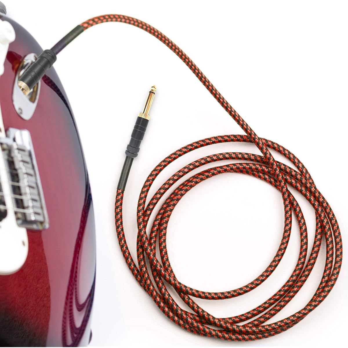 Guitar Cable 20ft - 1/4" Right Angle Red Instrument Cable - Professional Quality Electric Guitar Cord and Amp Cable - Low Noise Bass and Guitar Cable - Reliable Cord for Clean, Clear Tone