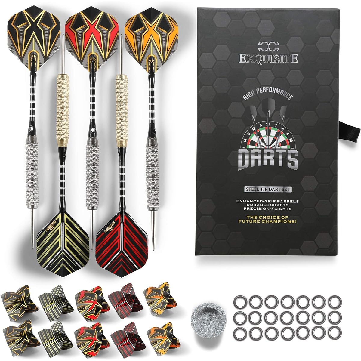 CC-EXQUISITE Premium 12 Darts Steel Tip Dart Set 12 x 20/22g Stell Tip Darts, 24 Extra Flights, 18 Shafts + Dart Tool Rubber O-Ring - Fully Customizable