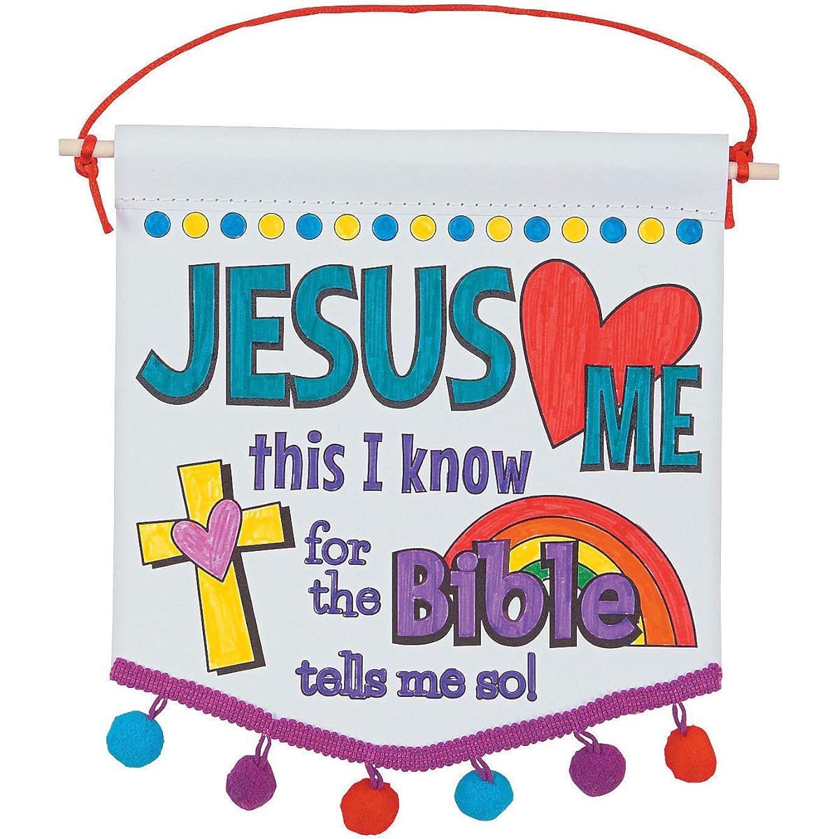 Color Your Own Jesus Loves Me Banners with Pom Pom Trim - 12pcs DIY Religious Crafts for Kids and Sunday School Activities