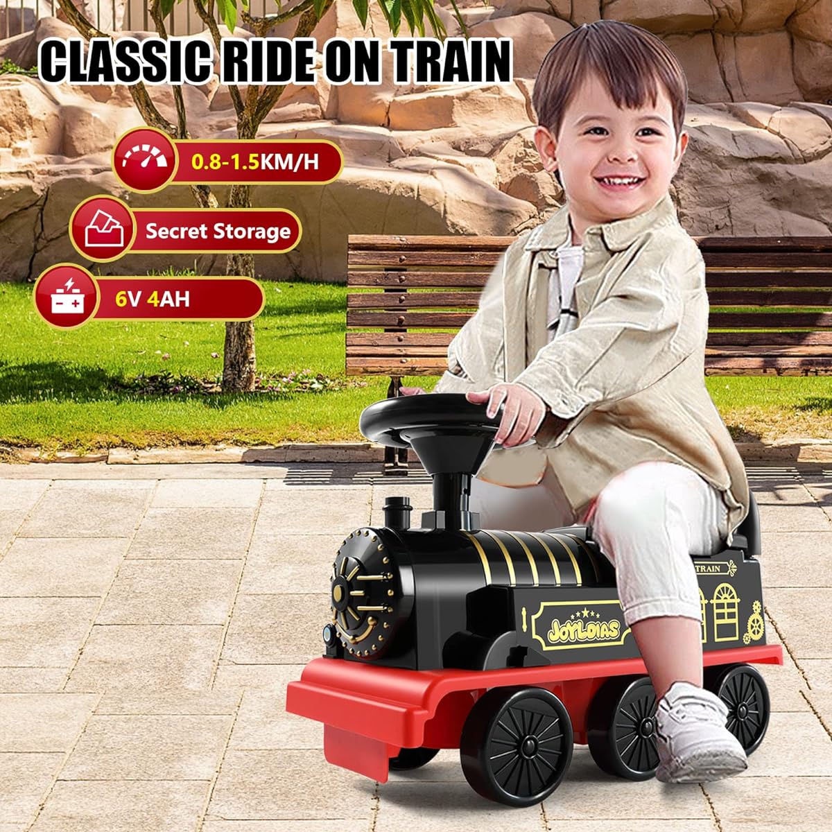 JOYLDIAS Ride On Train Trackless 6V Battery Powered Electric Ride On Toy Train for Kids with Lights, Corner Storage, Charger and Retractable Foot Pedals for Toddlers Under 39 Inches, Black
