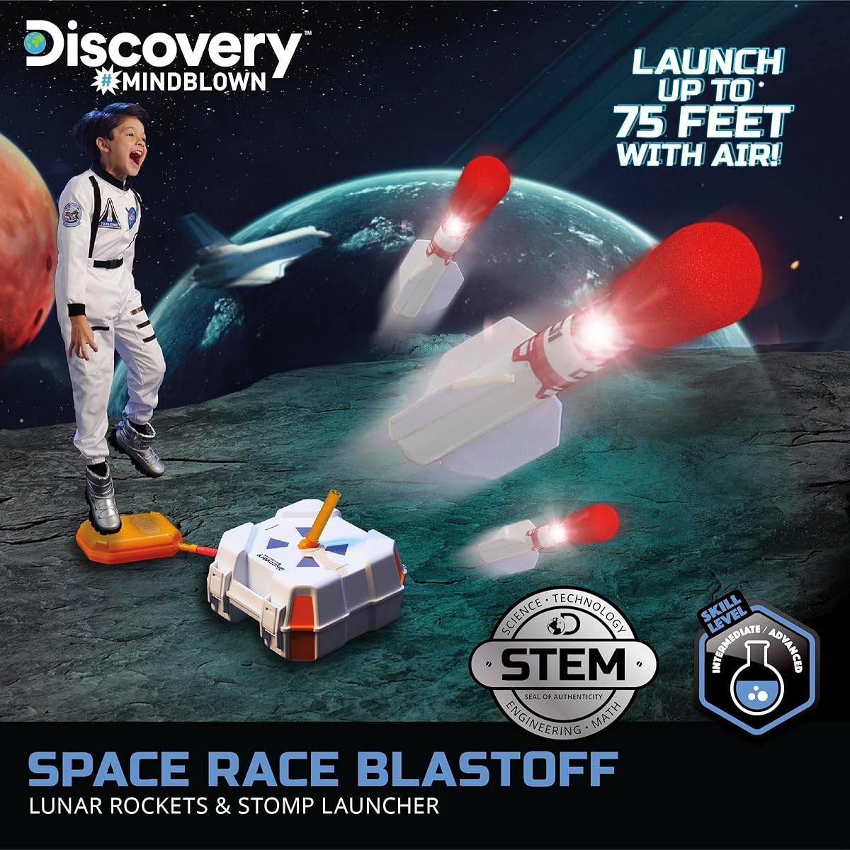 Discovery™ #MINDBLOWN Space Race Blast Off Moon Rocket & Stomp Launcher Set Explodes 3 Foam LED Rockets up to 75 Feet with Space Themed Pack & Go Carry Case, Simple and Easy Design for Kids Ages 8+, White