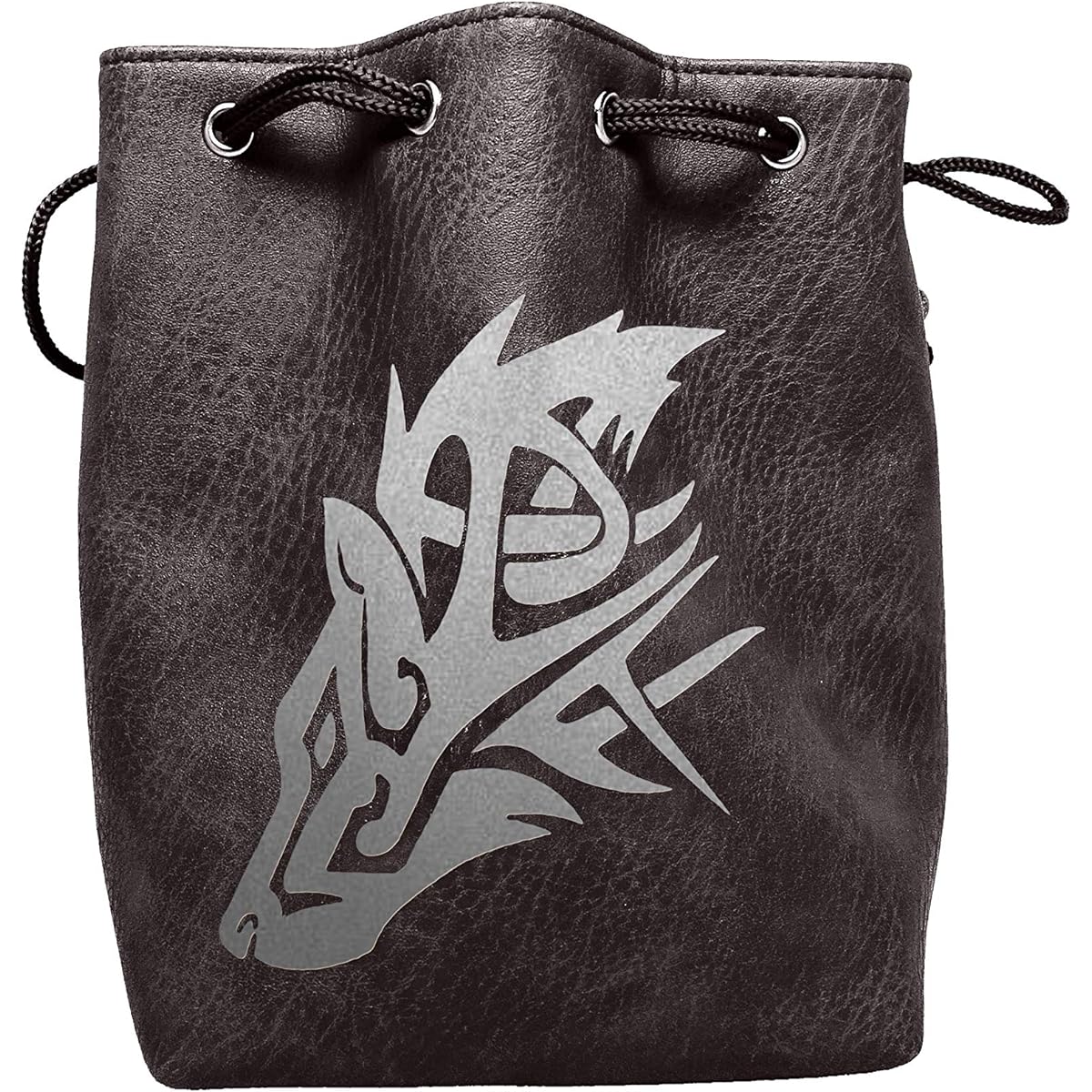 Black Leather Lite Large Dice Bag Wolf Design - Black Faux Leather Exterior Lined Interior - Stands up on its Own Holds 400 16mm Polyhedral Dice
