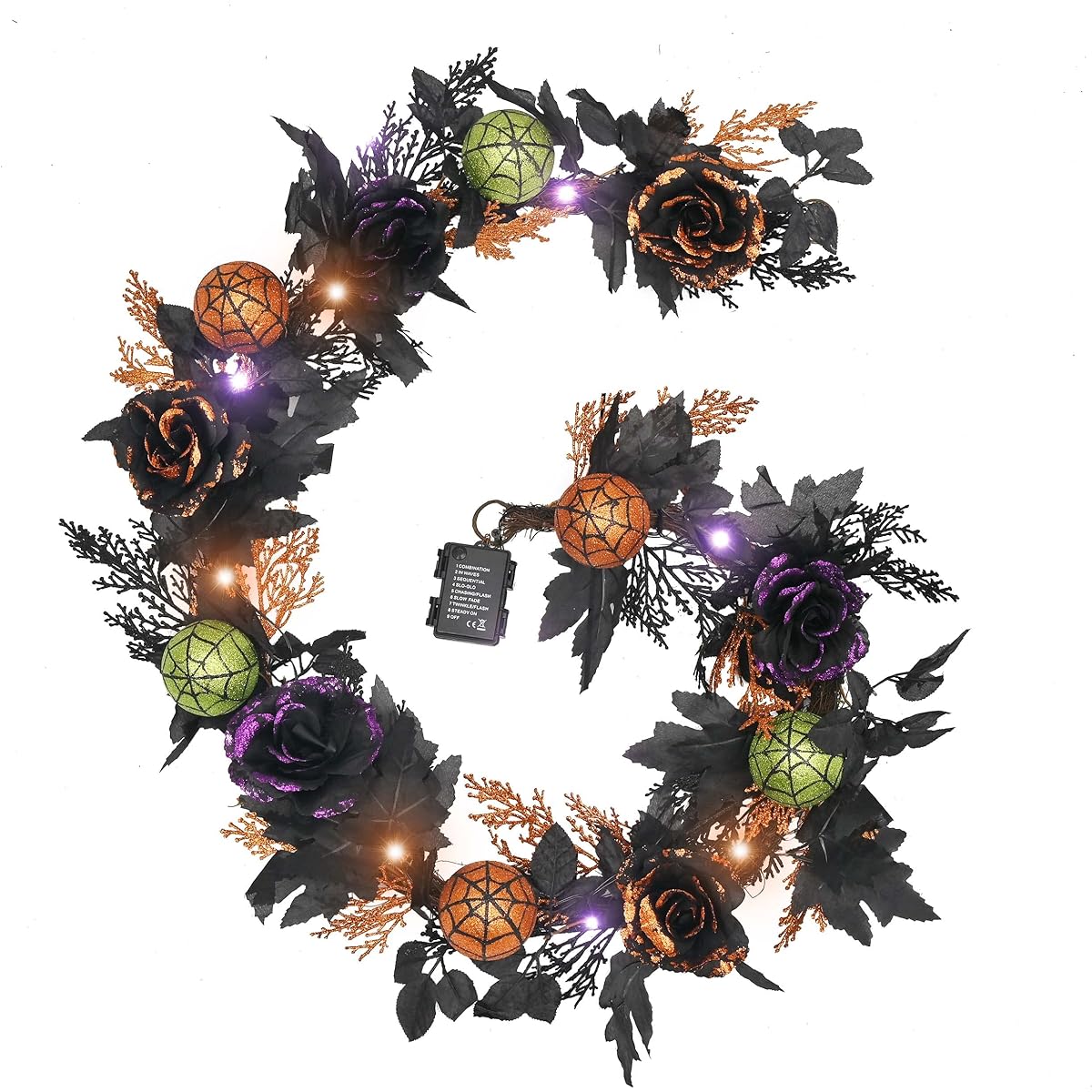 Valery Madelyn 6ft Lighted Happy Halloween Garland Artificial Rose Ball Ornament with LED Lights Front Door Indoor Halloween Party Decoration