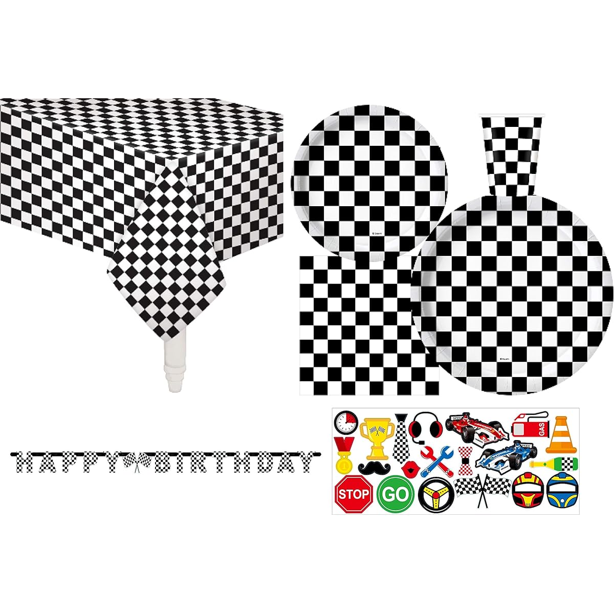 Serves 30 | Essentials Party Pack | Black and White Checkered | 9" Dinner Paper Plates | 7" Dessert Paper Plates | 9oz Cups | 3-ply Napkins | 1 Happy Birthday Banner | 2 Table Covers | 20 Photo Props | Race Car Party Theme